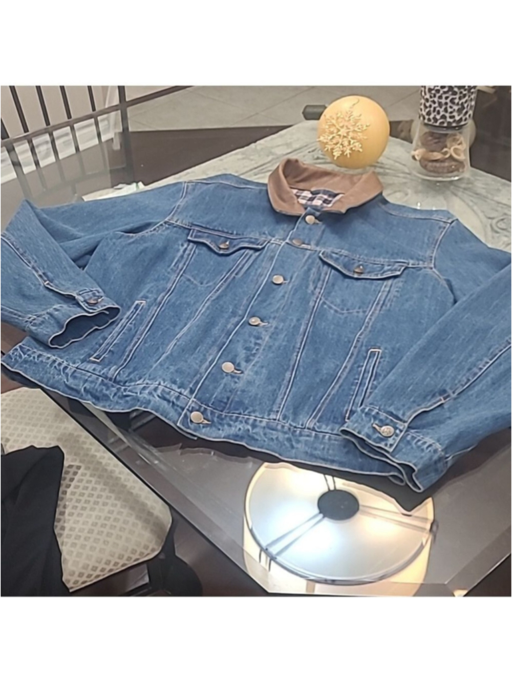 Mack Trucker Denim Jacket Plaid Lined Denim With Brown Leather Trim XL